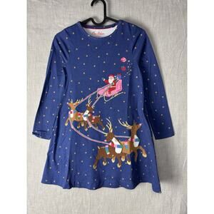 Mini Boden Santa and Reindeer Christmas Applique Dress Blue Girls Size 8-9Y